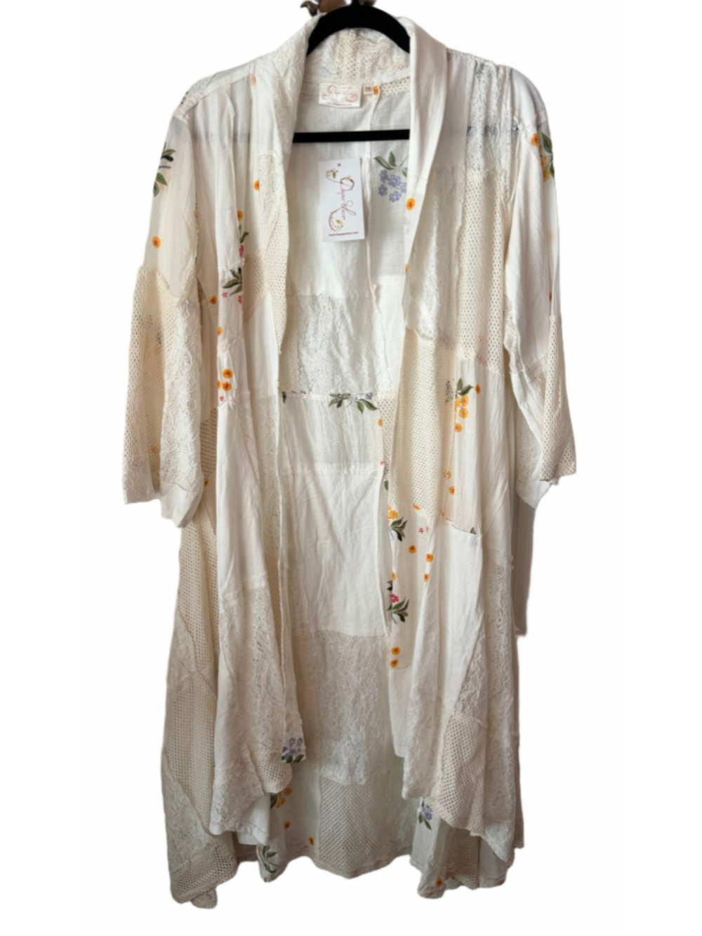 Women's Paper Lace Patchwork Kimono 1X Cotton Silk Cream Floral Lace - Picture 2 of 6